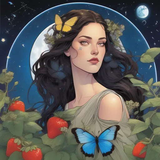 Prompt: A beautiful and colourful picture of Persephone with brunette hair and with an American Moon Moth, forget-me-not flowers, a chickadee bird, and strawberry plants surrounding her, framed by the moon and constellations in a marvel comics style