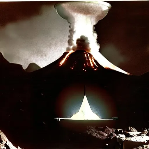 Prompt: Alien spaceship found inside a volcano in Indonesia circa 1960