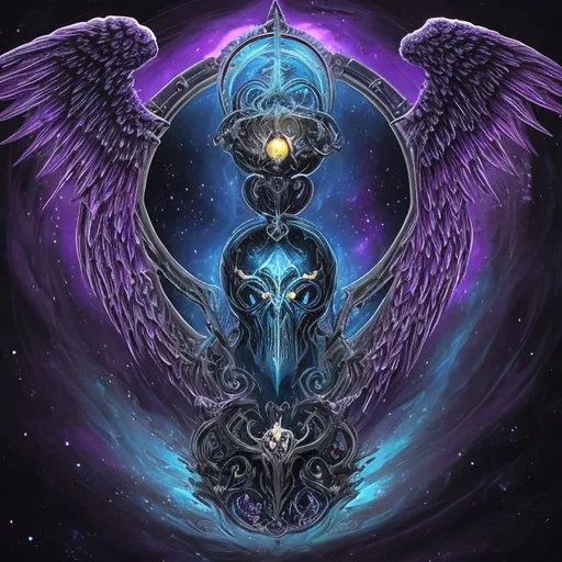 Prompt: "Design a symbol for Necrothys, the Soul Sentinel. Combine an hourglass with a watchful eye on the upper bulb and a predatory fang on the lower bulb. Add elegant, outstretched angelic wings in the center. Surround the hourglass with stars and cosmic swirls. Use deep indigo and violet tones to evoke a cosmic aura."