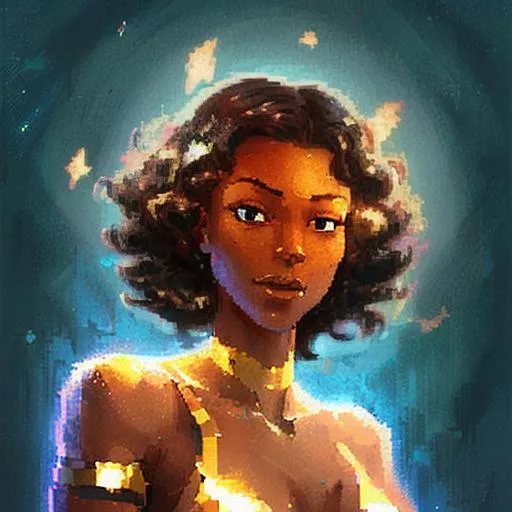 Prompt: short hair, dark brown hair, pixel art, clip art, Girl with dark skin, lose bronze  curls, clear dark green eyes, short medium hair, smiling, wearing a sliver glittering dress, close up, extremely detailed, novel realistic. Krenz Cushart + loish +gaston bussiere +craig mullins, j. c. leyendecker +Artgerm, oil painting   Krenz Cushart + loish +gaston bussiere +craig mullins, j. c. leyendecker +Artgerm, oil painting texture. 