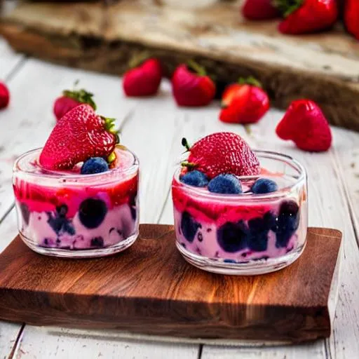 Prompt: Strawberry and blueberry parfait in glass on a wood serving board against a white wood background, Intricate, Symmetrical, highfantasy, Insanely detailed, cinematic
