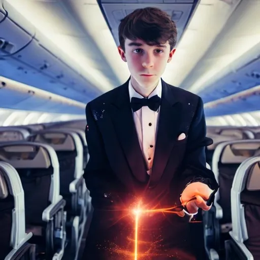 Prompt: 16 year old boy in a tuxedo standing in the aisle of an airplane casting a sparkly magic spell on an airplane seat with his magic wand