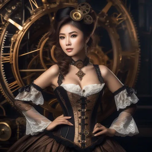 Prompt: Asian woman and beautiful pretty art 4k full raw HD(round face, high cheekbones, almond-shaped brown eyes, small delicate nose), steampunk outfit, black bustier corset, lace jacket, active pose, rococo, steampunk, backdrop clockwork machines, masterpiece, intricate detail, hyper-realistic, photorealism, hyper detailed texturing, high resolution, best quality, UHD, HDR, 8K, award-winning photograph, octane render