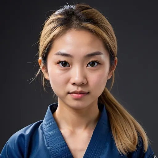 Prompt: A short, pretty and petite young Asian woman has a monkey tail growing out of her backside. She has black eyes and dirty blonde hair. She wears a dark blue karate gi with a black belt.