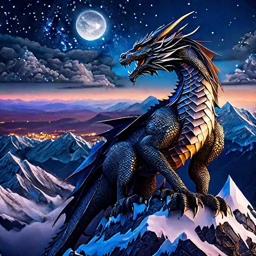 Prompt: "Detailed scene, a close-up shot of a majestic dragon perched on a mountaintop, overlooking a vast landscape. The dragon's scales are incredibly detailed, and its eyes seem to glow with an otherworldly light. The sky is filled with stars, and the moon is full and bright. The overall feeling of the scene is one of awe and majesty"