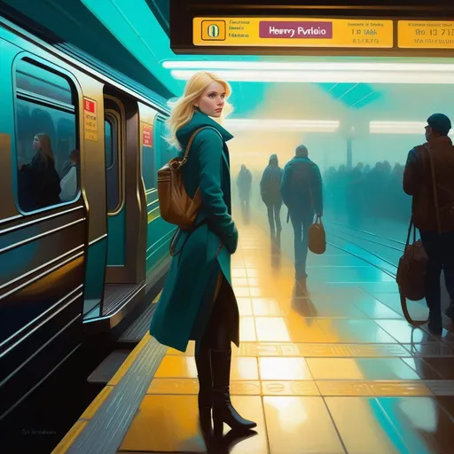 Prompt: Third person, gameplay, Finnish girl, pale skin, blonde hair, teal eyes, 2020s, smartphone, NYC subway station, foggy, golden atmosphere, cartoony style, extremely detailed painting by Greg Rutkowski and by Henry Justice Ford and by Steve Henderson 