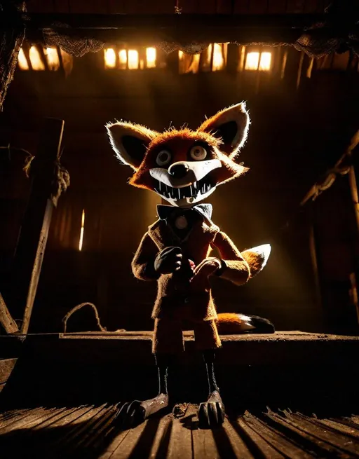 Prompt: A creepy animatronic fox with an eyepatch, hook hand, and toothy grin poses on an abandoned stage. Foreboding shadows surround it. Dusty beams of light shine down from rafters above. Shot on Fuji GFX with a wide angle lens for an ominous mood. Gritty, sinister, and unsettling in the style of Five Nights at Freddy's. 