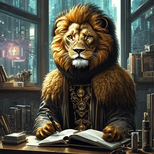 Prompt: ((best quality)), ((masterpiece)), ((anime style)), (detailed, ultra detailed, finest detail, intricate), (centered), lo-fi style, anthropomorphism, lion male dressed as a noble, sitting in sofa, reading document, cyberpunk office interior, cozy, surrealism, volumetric lighting, global illumination, digital art, warm color, 8k, 64K, HD, UHD, trending on artstation, sharp focus, by Greg Rutkowski, by pascal blanche Rutkowski, sharp focus, painting, (concept art of detailed character design). matte painting, insanely detailed, ((masterpiece)), depth of field, reflection,