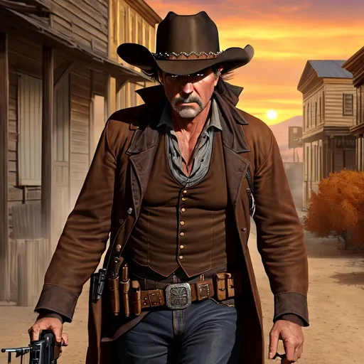 Prompt: Action! Angry Tense 3D HD Anxious Suspicious, Alert, Anticipating (Dusty dirty tired Rugged Middle-Aged Male {1800's Old West}Gunfighter), Evening, hyper realistic, 8K expansive Autumn Old Western town background --s99500