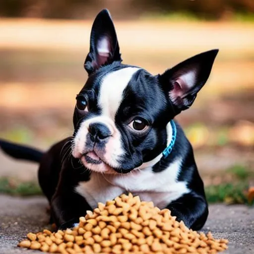 Prompt: boston terrier eating dog food