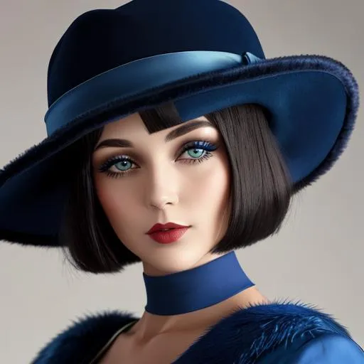 Prompt:  Woman aged 30 years, bob haircut 1920's makeup, face front, blue dress with fur collar, blue hat ,1920's era