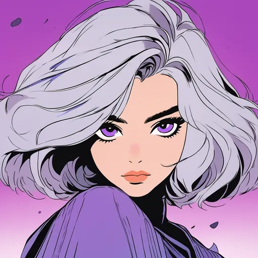 Prompt: Cel-shaded. Teenaged woman with smoky grey hair in a choppy bob.  Comic book artstyle. Grey eyes. Purple eyeshadow