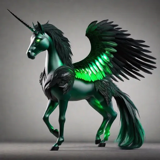 Prompt:  small twisted pegasus animatronic hybrid, with focused emerald eyes. They identify as a Male. Emerald colored feathery wings and tail. dark Green ombre mane and tail. UHD, HD, 4K, green haze, green and black coat, anime