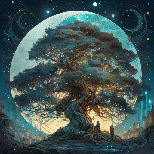 Prompt: "an ancient tree intertwined with the moon, starry sky, highly detailed, intricate motifs, organic tracery, perfect composition, digital painting, artstation, concept art, smooth, sharp focus, illustration, Carne Griffiths, pixar, Victo ngai, Jean Baptiste Monge, shiny aura, old but robust, bright but deep"