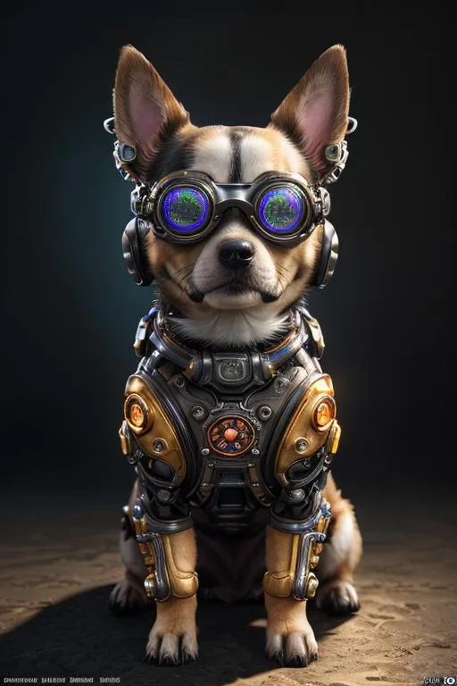 Prompt: Fusion between Bionic Environmental art,"A hyperrealistic digital oil painting of cute dog with vr googles chibi kawaii steampunk art by borderlands 3 game graphic,stunning,vibrant, 8k resolution concept art, Artgerm,dynamic lighting hyperdetailed intricately detailed Splash art trending on Artstation triadic colors Unreal Engine 5 volumetric lighting