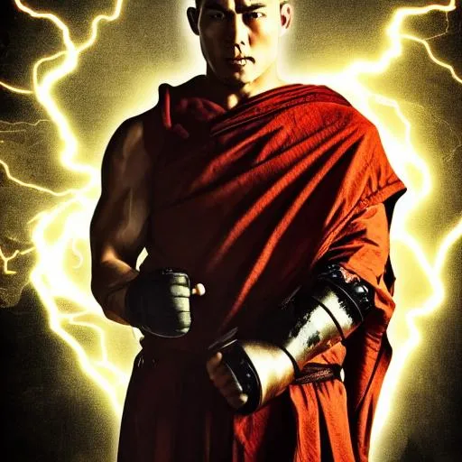 Prompt: A poster of a handsome monk fighting, wearing armor, dark features, muscles, lightning emitting from fist, cinematic, in a temple, with dark colors