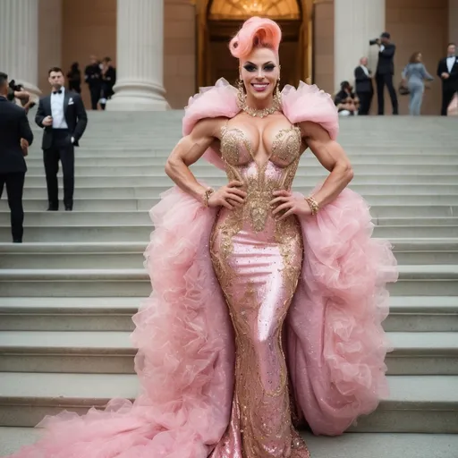 Prompt: Glamour photography of Gorgeous ultra-muscular 25-year-old (Caucasian) French drag queen bodybuilder with a huge busom, and very long wavy pink tight updo hair on the Met Gala steps in New York wearing designer pink and gold gown with long train, intricate details, glitter and jewels, posed 3/4 turn standing, smile, in the style of Guy Aroch