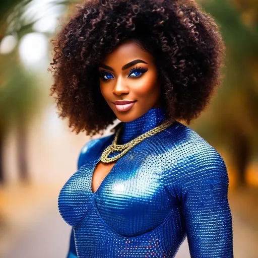 Prompt: An Attractive African American Women {Dark Skin, muscular, black hair with red highlights, freckles on cheeks, blue-within-blue colored eyes}. Chainmail Bikini,