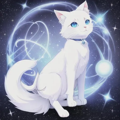 Prompt: A all white feral cat with blue space like eyes and a white star the tip of tail
