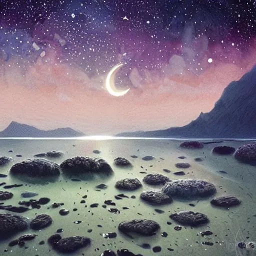Prompt:  sea, stars, night sky, bonfire, blue bioluminescence algae, fireflies, moon, constellations, rocks, sand, digital painting, digital illustration, extreme detail, digital art, 4k, ultra hd, beautiful fantasy landscape, realistic and natural, cosmic sky, detailed full-color, nature, hd photography, david muench, james mccarthy, hirō isono, realistic surrealism, elements by nasa, magical, detailed, hyperrealism, deviantart, trending on artstation, wlop, colorful, galactic, seascape, hyperdetailed, twilight, vibrant, whimsical, concept art, hyper realism