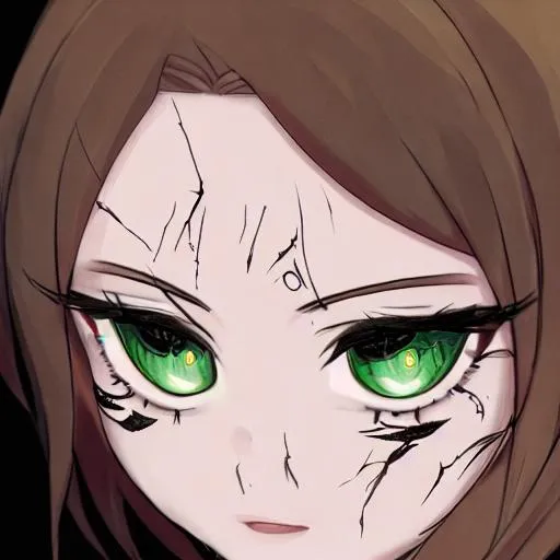 Prompt: Anime girl, tan skin, green eyes, brunette hair, scar on her eye