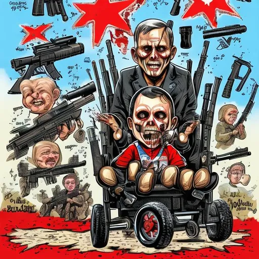 Prompt: Texas-Governor Abbot  in wheelchair with a machine gun hands AR15 weapons to blood-dripping small troubled kids, small children, red Texas map with texas star, rifles, school scene, bright colored, Sergio Aragonés MAD Magazine cartoon style