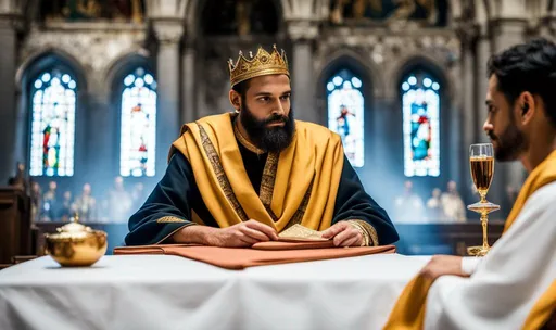 Prompt: A handsome king discussing politics with his trusted advisor, dressed in a toga, sitting in a church, holding a goblet in his left hand