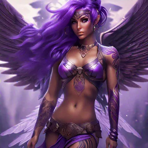 Prompt: Asura, {tan skin}, {purple hair}, {violet eyes}, female, perfect body, muscle woman, {short stack}, {photo realistic}, {cover art}, ethereal, {tribal tattoos}, {gossamer skin}, {large angelic wings}