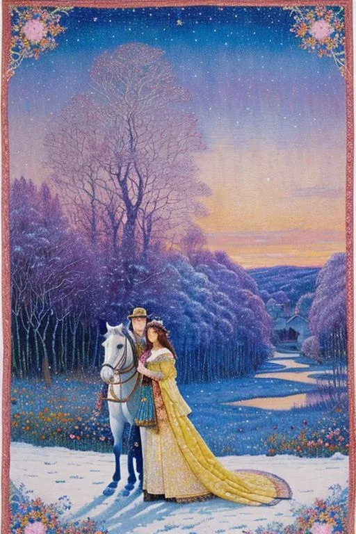 Prompt: Inlay Aubusson tapestry: a winter enchanted beautiful princess and her white horse, a whimsical village landscape background under a beautiful twilight night sky art by Jane Small, Edmund Dulac, Iris Scott, John Lowrie Morrison, Thomas Edwin Mostyn, Gustav Klimt, John Piper, William Timlin, John Bauer. 3/4 portrait, beautiful pastel aquarelle colours, crispy quality, cinematic smooth, polished finish, high quality, very clear resolution, blue, gold and rose tones, metallic glow