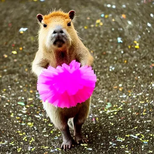 Prompt: capybara with a pink tutu  on a stage with pink confetti