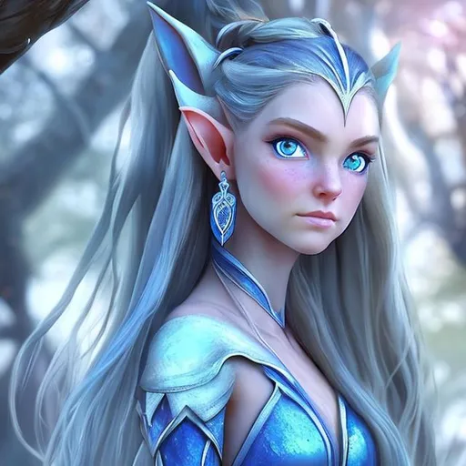 Prompt: A woman of the elf race with huge blue eyes that are shimmering in the light that shines her blue long hair is in a ponytail.On her head sits a beautiful grown. She stands on a tree with a bow in her hand.   She has two pointy ears. On them there are earrings.  On one of them is a blue Saphire she does look a little bit downwards and smiles brighly