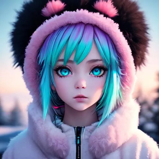 Prompt: a little punk girl,  colorful in the puffy snow.  pastel, glowing colorful, fluffy, silky, furry, backlit, warm tones, night-sky, moss, indigo, cream, coral, bone-white, photorealistic eyes, ornate, dynamic, volumetric lighting, hyper-realistic, cinematic, detailed, expressive, 4k UHD, immense detail, dramatic lighting, well lit, 8k, glowing, realistic, spiked hair, particulate, intricate, elegant, highly detailed, airbrush, acrylic on paper, volumetric lighting, occlusion, smooth, sharp focus, 128K UHD octane render, w more detail, ultra realistic, insane detail, cinematic, Curvaceous Light bending, fuzzy, Extremely detailed high quality, breathtaking, Award winning, colorful contrast ink painting, hyperdetailed intricate, detailed face, windy, cinematic lighting, neon light, album cover art, 128K resolution, masterfully crafted, hyperdetailed 2D vector concept art picture, vector, illustration, character concept, 2D fantasy concept art style,  fantasy art.
