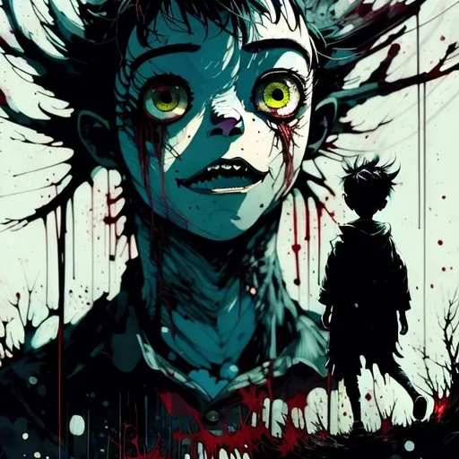 Prompt: "a monster calls!!!", negative black and white Speedpaint with large brush strokes by , Junji Ito, Ismail Inceoglu, , Gazelli, M.W. Kaluta, richard anderson, paint splatter, white ink, a masterpiece, 8k resolution, trending on artstation, horror, terrifying, highly detailed and intricate