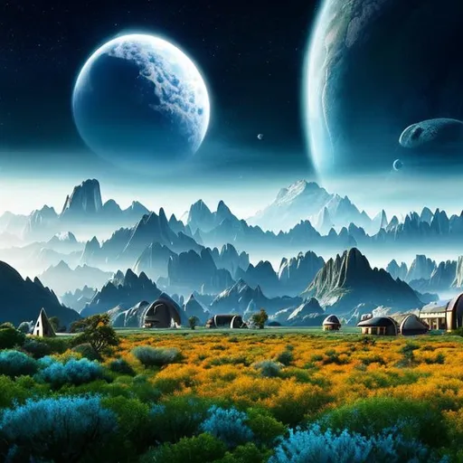 Prompt: A beautiful vista of a breathtaking, alien world, with a small town of short buildings, in the style of Star Trek.