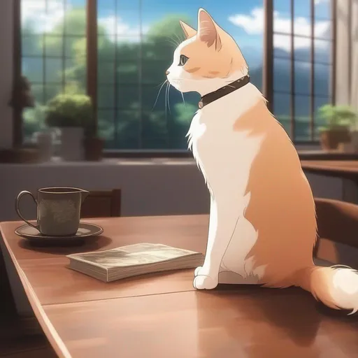 Prompt: cat on table, scene from an anime, profile picture