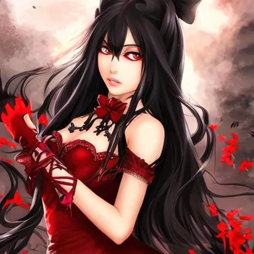 Prompt: Long Black_Hair, Lucid Red_Eyes, Wretched Rage, Terrible Witch, Succubus Vampire, Vulturous Poison, Amoral, Bangs Girl, Princess of Satan, Despicable, by Kanta Dijin