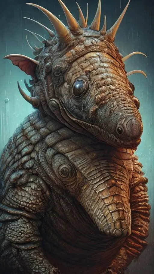 Prompt: Portrait of an incredibly ugly person with the head of a armadillo. slimy and wet, intricate complexity, horror, psychedelic art, trending on art station, photoreal, 8k, octane render, by Naoto Hattori + Daniel Merriam, dystopian background, tetradic colors dystopian fantastical hyperdetailed cyberpunk