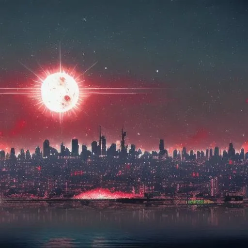 Prompt: A megacity and an exploded moon on the background. Main colors are grey and red 
