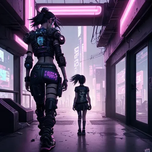 Prompt: The girl in front is a kid, and this kid is her past. Cyberpunk. 2d illustration. 