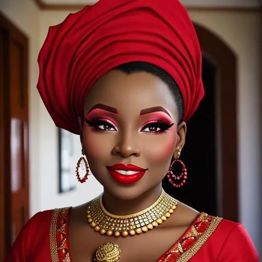 Prompt: Ruby lady-extremely beaitiful African lady all in red, pretty makeup, elegant, nice clothes, facial closeup