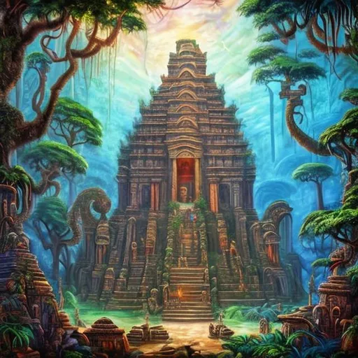 Prompt: temple of the old god in the jungle outdoors painting fantasy