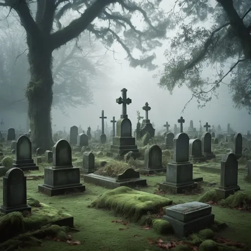 Prompt: Overgrown cemetery on a misty day, realistic, detailed tombstones covered in moss, eerie atmosphere, misty, foggy, haunting, highres, realistic, atmospheric lighting, somber color tones, detailed vegetation, overgrown, haunting, mist-covered, weathered tombstones, eerie ambiance, atmospheric fog, detailed cemetery scene