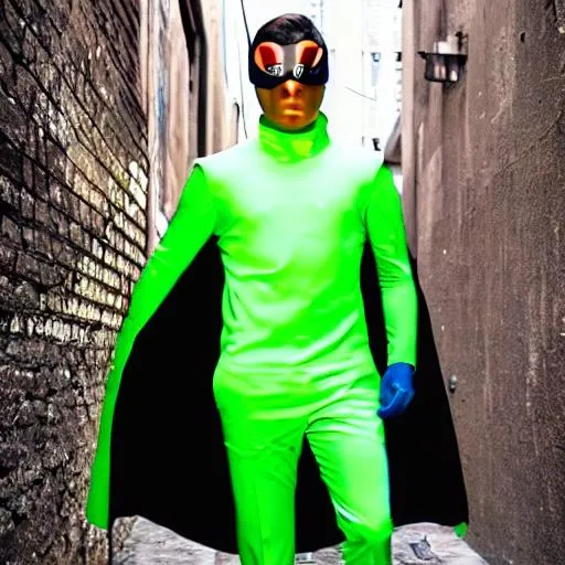 Prompt: superhero with cape, powerfully stands in alleyway, realistic lighting,  light green and grey suit, neon green goggles.