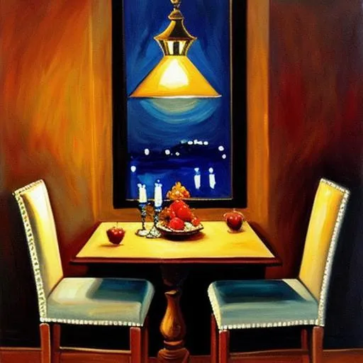 Prompt: A painting of a table set for a candlelit dinner at night