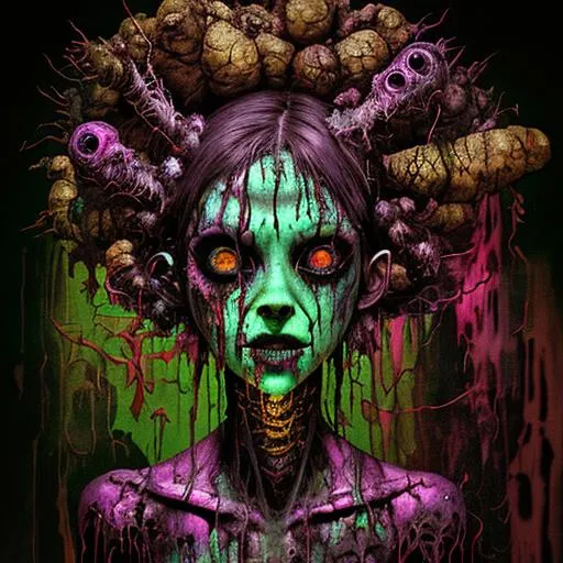 Prompt: Dark academia, psychedelic horror, (meth, junkie, crackhead alien); dark concept art by Mark Ryden and carne griffiths, style of Guillermo del Toro, deep vivid glowing neon complimentary colors, dynamic lighting, hyperdetailed, intricately detailed, golden ratio, trending on Artstation, medical horror, post-apocalyptic, dystopian dark academia