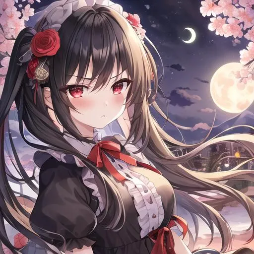 Prompt: (masterpiece, best quality:1.2), illustration, absurdres, highres, extremely detailed, 1 girl, black long hair, pigtail, red eyes, eye highlights, look angry, dress, short puffy sleeves, frills, outdoors, flower, fluttering petals, upper body, (moon:1.2), night, depth of field, (:d:0.8), chromatic aberration abuse,pastel color, Depth of field,garden of the sun,shiny,red tint,(purple fog:1.3)