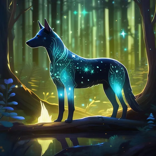 Prompt: A mythical translucent australian kelpie that is glowing, in a forest surrounded by bones, beneath the stars, bioluminescent, highres, best quality, concept art