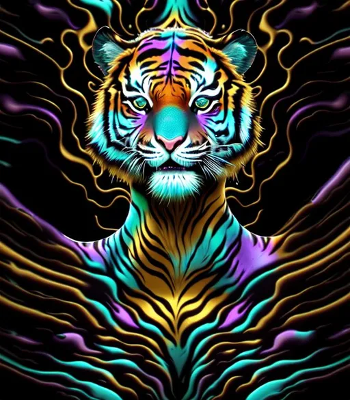 Prompt: Exuberant, Happy, upbeat psychedelic cinematic, Nebula, 3D, HD, {Tiger}cub liquid silver gold jade ivory, expansive metallic background, supernova, freeform colorful ink chaos, hyper realistic, 8K --s98500