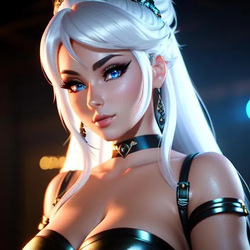 Prompt: {{{{highest quality 3d stylized character concept masterpiece}}}} best octane unreal engine 5 digital render with {{volumetric lighting}}, hyperrealistic intricate perfect 128k UHD HDR of
upper body image of flirtatious seductive stunning gorgeous beautiful feminine 22 year old anime like modern rave dj with 
{{white hair}} and {{blue eyes}} wearing {{body tight mesh rave outfit}} with deep exposed cleavage,
soft skin and red blush cheeks and cute sadistic smile and {{seductive love gaze at camera}}, 
perfect anatomy in perfect composition of professional long shot sharp focus photography, 
cinematic 3d volumetric dramatic lighting with backlit backlight, 
{{sexy}}, 
{{huge breast}}