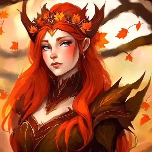 Prompt:  Autumn eladrin with red hair and a leaf crown with elven ears

